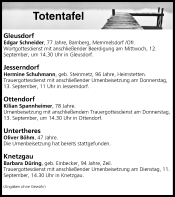 Anzeige von Totentafel vom 11.09.2018 von MGO