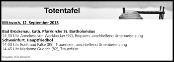 Anzeige von Totentafel vom 12.09.2018 von MGO