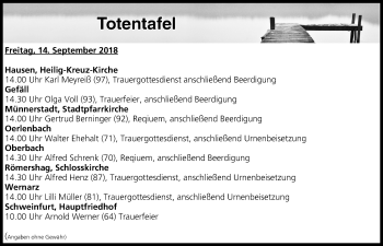 Anzeige von Totentafel vom 14.09.2018 von MGO