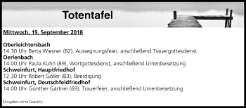 Anzeige von Totentafel vom 19.09.2018 von MGO