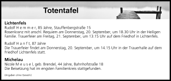 Anzeige von Totentafel vom 19.09.2018 von MGO