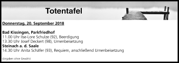 Anzeige von Totentafel vom 20.09.2018 von MGO