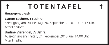 Anzeige von Totentafel vom 20.09.2018 von MGO
