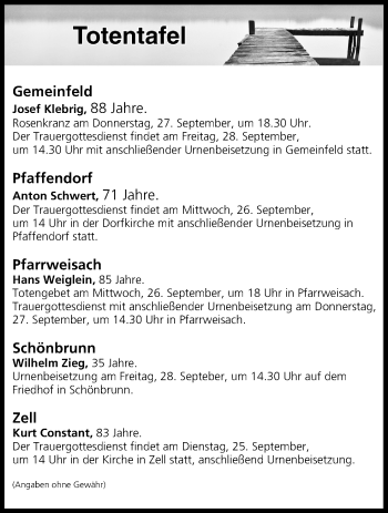 Anzeige von Totentafel vom 25.09.2018 von MGO