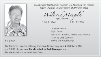 Anzeige von Waltraud Mangold von MGO