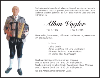 Anzeige von Albin Vogler von MGO
