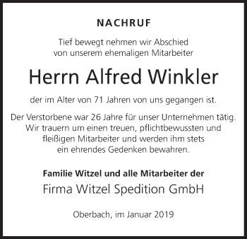 Anzeige von Alfred Winkler von MGO