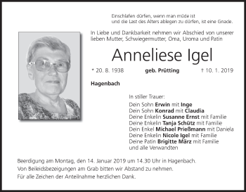 Anzeige von Anneliese Igel von MGO