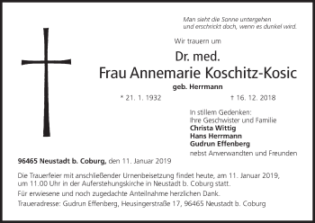 Anzeige von Annemarie Koschitz-Kosic von MGO