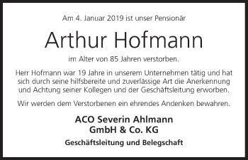 Anzeige von Arthur Hofmann von MGO