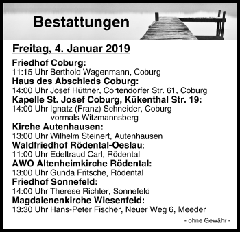 Anzeige von Bestattungen vom 04.01.2019 von MGO