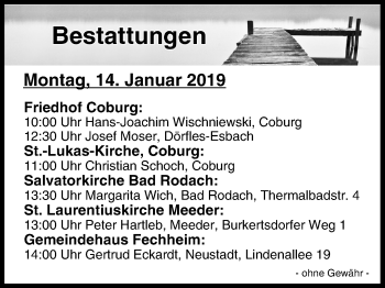 Anzeige von Bestattungen vom 14.01.2019 von MGO