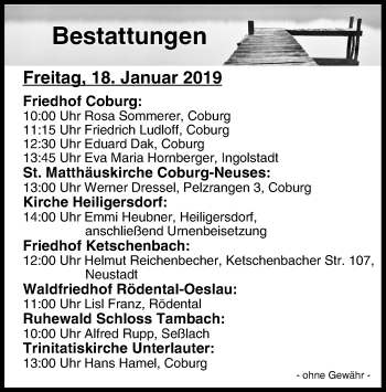 Anzeige von Bestattungen vom 18.01.2019 von MGO