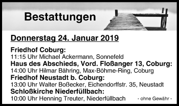 Anzeige von Bestattungen vom 24.01.2019 von MGO