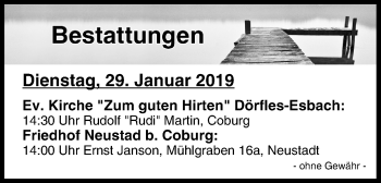 Anzeige von Bestattungen vom 29.01.2019 von MGO
