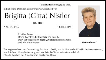 Anzeige von Brigitta Nistler von MGO
