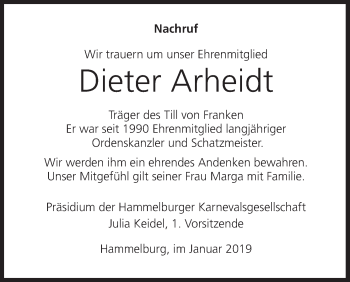 Anzeige von Dieter Arheidt von MGO
