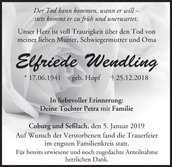 Anzeige von Elfriede Wendling von MGO