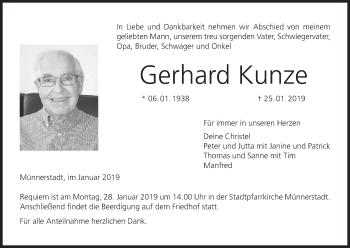 Anzeige von Gerhard Kunze von MGO