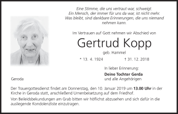 Anzeige von Gertrud Kopp von MGO