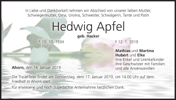 Anzeige von Hedwig Apfel von MGO