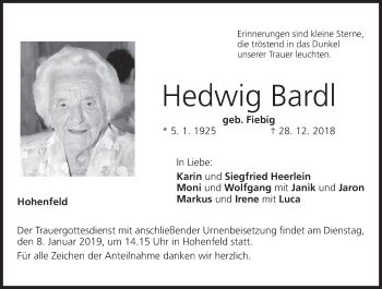 Anzeige von Hedwig Bardl von MGO