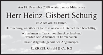 Anzeige von Heinz-Gisbert Schurig von MGO