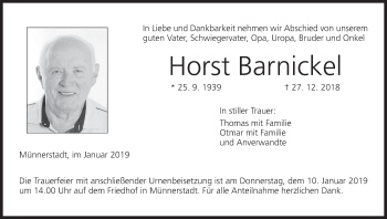 Anzeige von Horst Barnickel von MGO