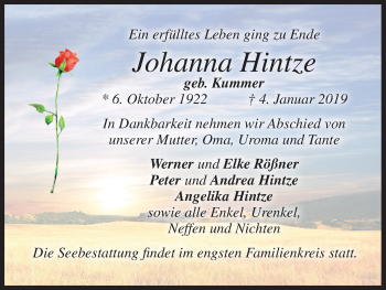 Anzeige von Johanna Hintze von MGO