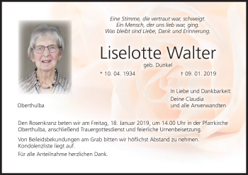 Anzeige von Liselotte Walter von MGO