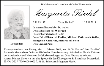 Anzeige von Margareta Riedel von MGO
