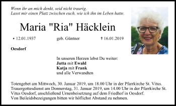 Anzeige von Maria Häcklein von MGO