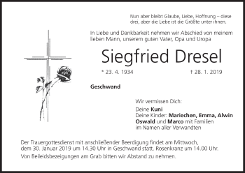 Anzeige von Siegfried Dresel von MGO