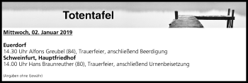 Anzeige von Totentafel vom 02.01.2019 von MGO