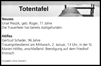 Anzeige von Totentafel vom 02.01.2019 von MGO