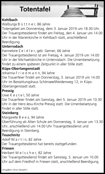 Anzeige von Totentafel vom 03.01.2019 von MGO