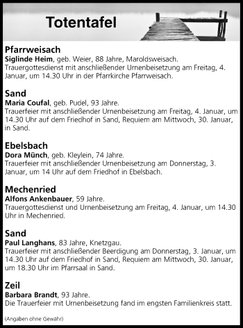 Anzeige von Totentafel vom 03.01.2019 von MGO