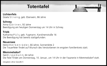 Anzeige von Totentafel vom 03.01.2019 von MGO