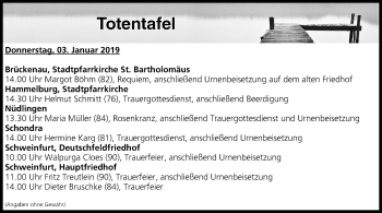 Anzeige von Totentafel vom 03.01.2019 von MGO