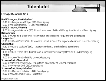 Anzeige von Totentafel vom 04.01.2019 von MGO