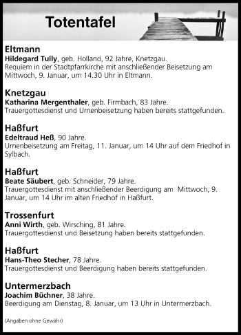 Anzeige von Totentafel vom 08.01.2019 von MGO