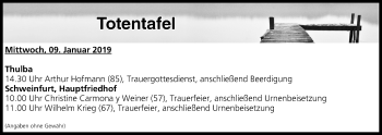 Anzeige von Totentafel vom 09.01.2019 von MGO