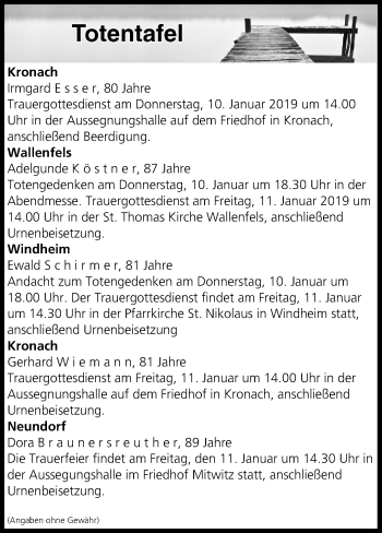 Anzeige von Totentafel vom 09.01.2019 von MGO