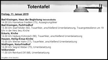 Anzeige von Totentafel vom 11.01.2019 von MGO