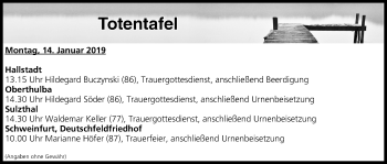 Anzeige von Totentafel vom 14.01.2019 von MGO