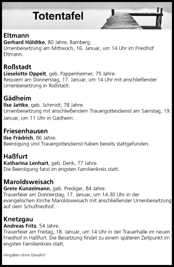 Anzeige von Totentafel vom 15.01.2019 von MGO