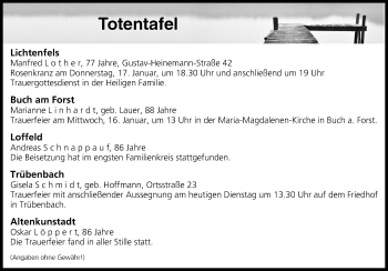 Anzeige von Totentafel vom 15.01.2019 von MGO