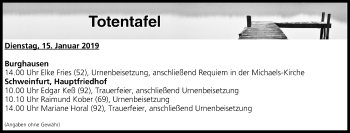 Anzeige von Totentafel vom 15.01.2019 von MGO