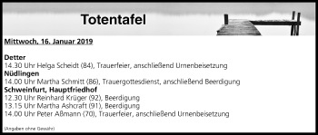 Anzeige von Totentafel vom 16.01.2019 von MGO