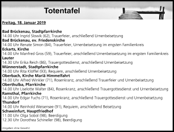 Anzeige von Totentafel vom 18.01.2019 von MGO